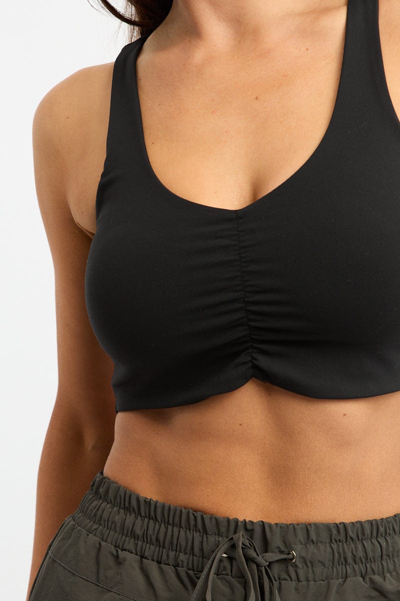 Black Bralette Top Sleeveless V-neck Ruched for Ally Fashion