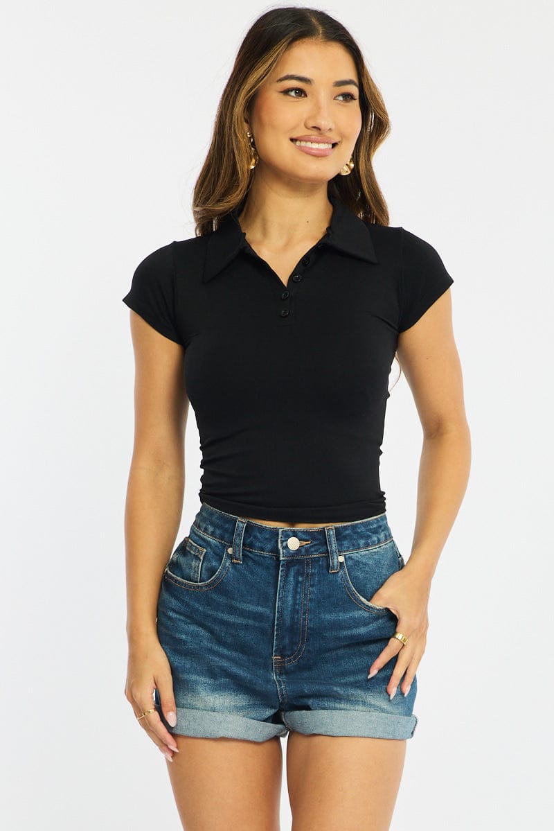 Black Collared T-shirt Short Sleeve for Ally Fashion
