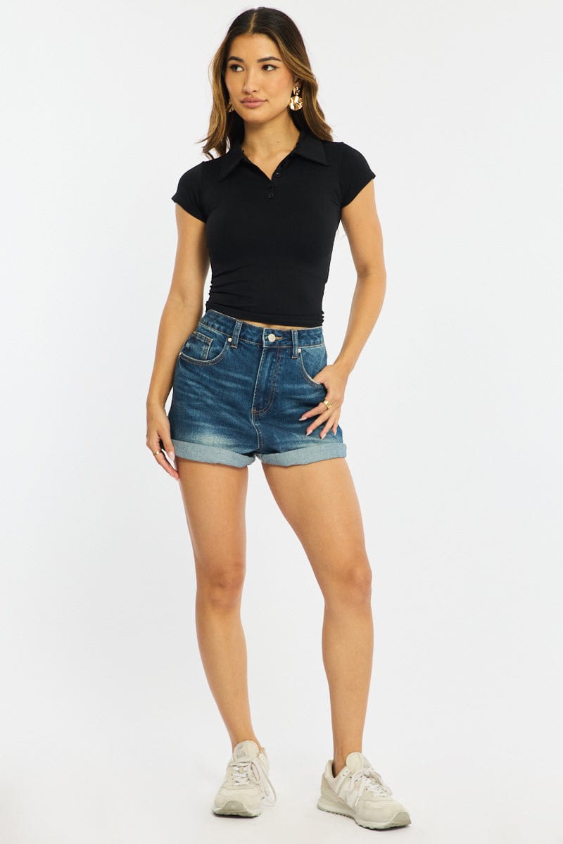 Black Collared T-shirt Short Sleeve for Ally Fashion