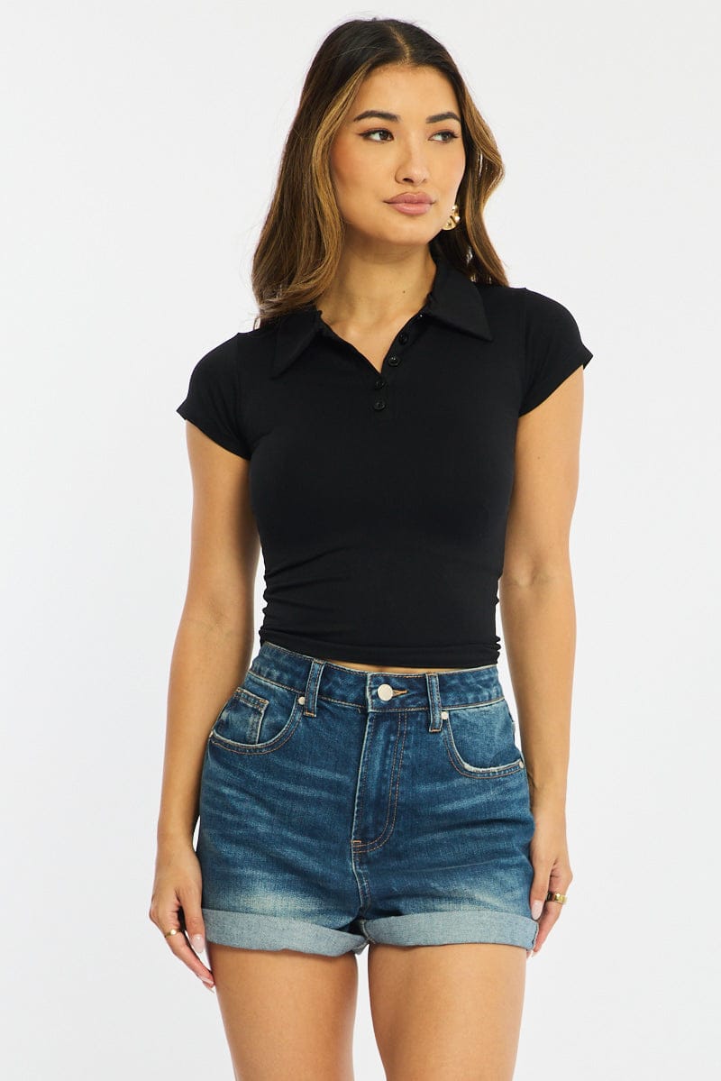 Black Collared T-shirt Short Sleeve for Ally Fashion
