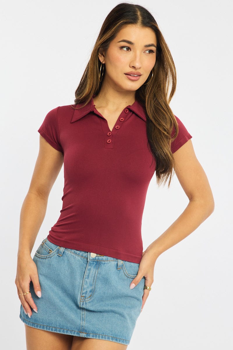 Red Collared T-shirt Short Sleeve for Ally Fashion
