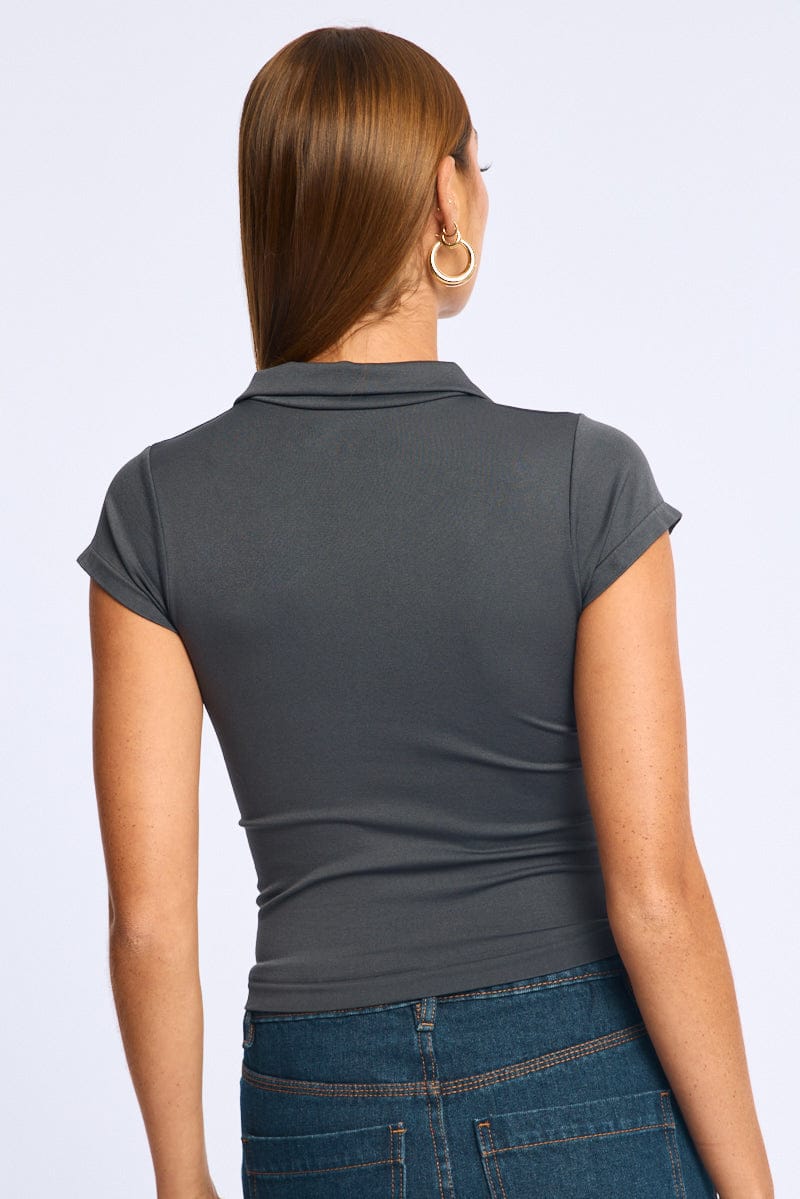 Grey Collared T-shirt Short Sleeve for Ally Fashion