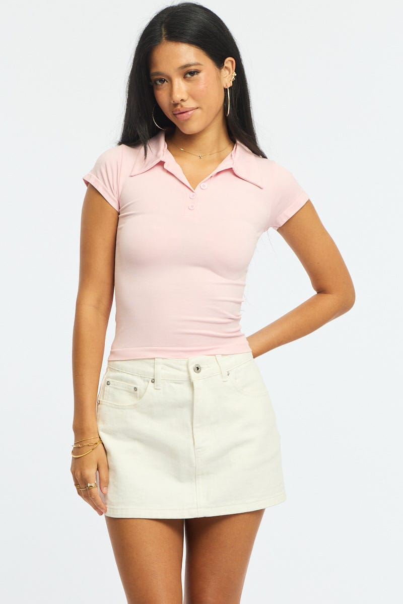Pink Collared T-shirt Short Sleeve for Ally Fashion