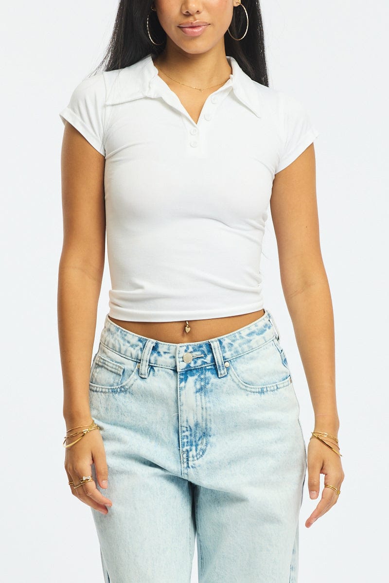 White Collared T-shirt Short Sleeve for Ally Fashion