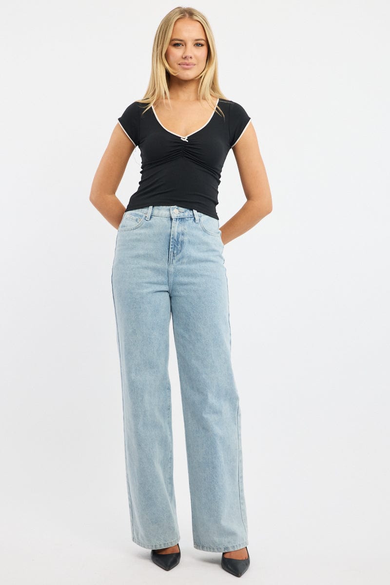 Black T-shirt Short Sleeve V-neck Lace Trim for Ally Fashion