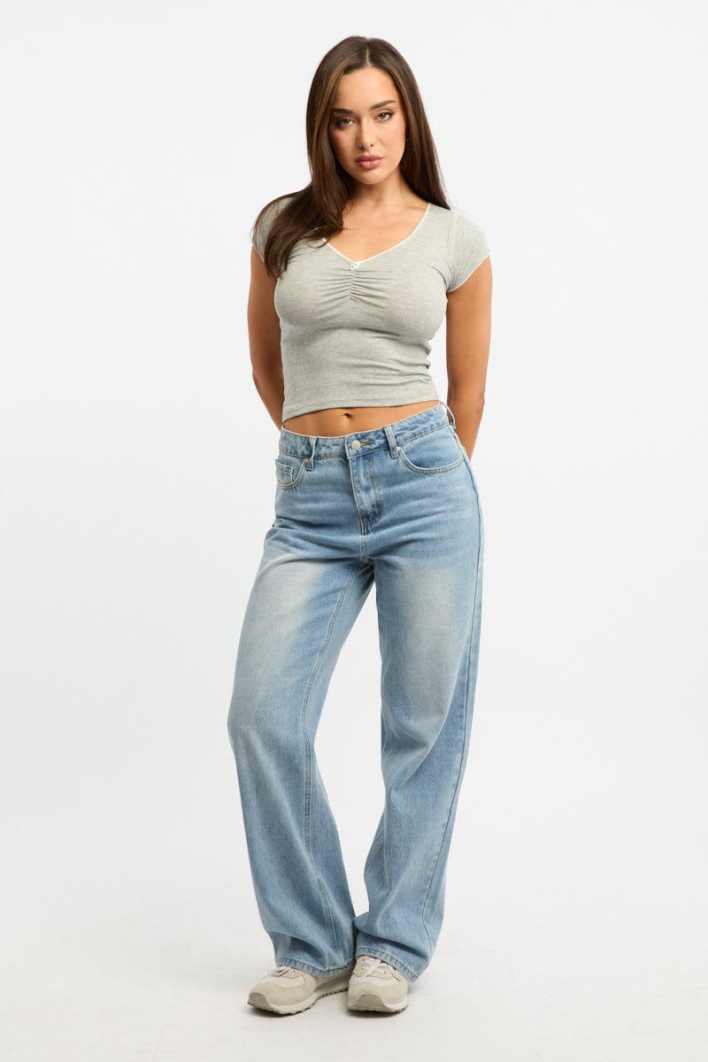 Grey T-shirt Short Sleeve V-neck Lace Trim for Ally Fashion