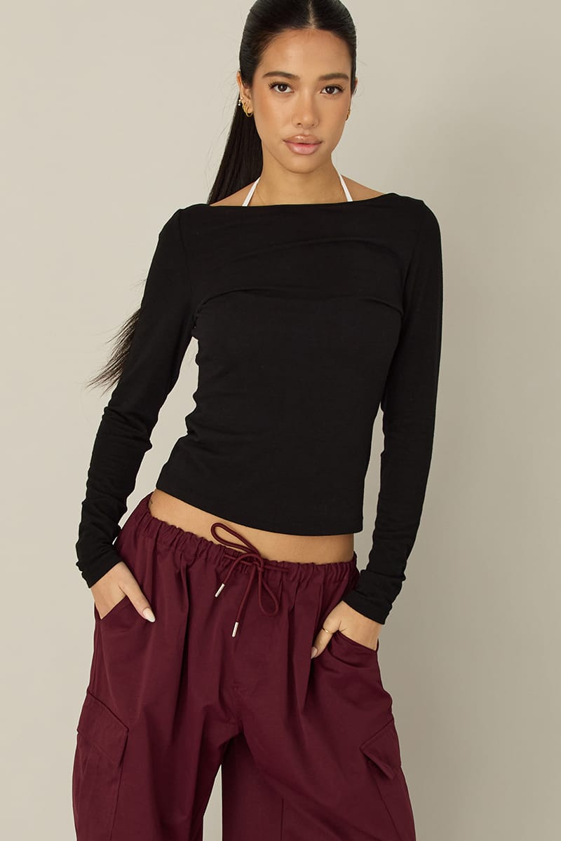 Ally Fashion black semi sheer slim fit long sleeve top with broad round neckline