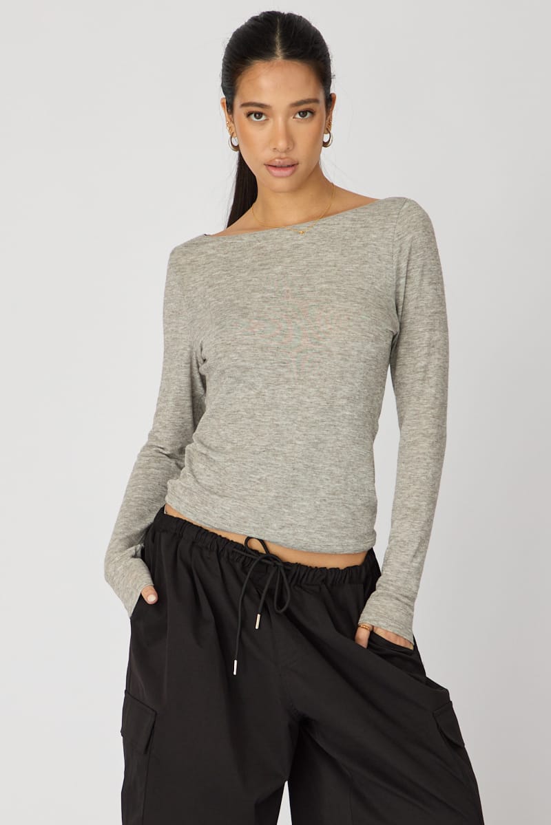 Grey Sheer Top Long Sleeve for Ally Fashion