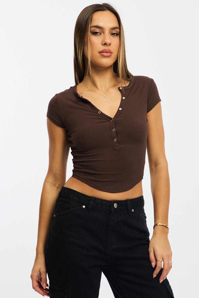 Brown T-shirt Short Sleeve Henley Neck Rib for Ally Fashion