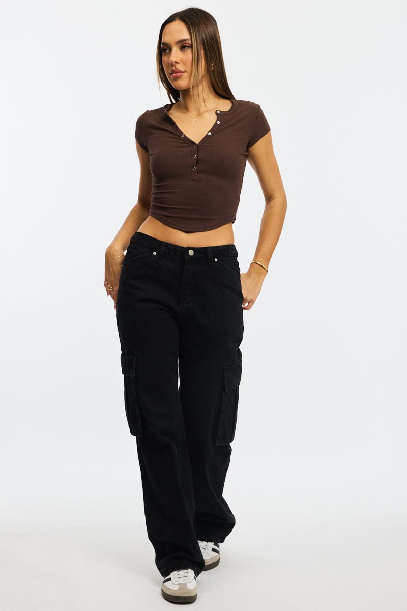 Brown T-shirt Short Sleeve Henley Neck Rib for Ally Fashion