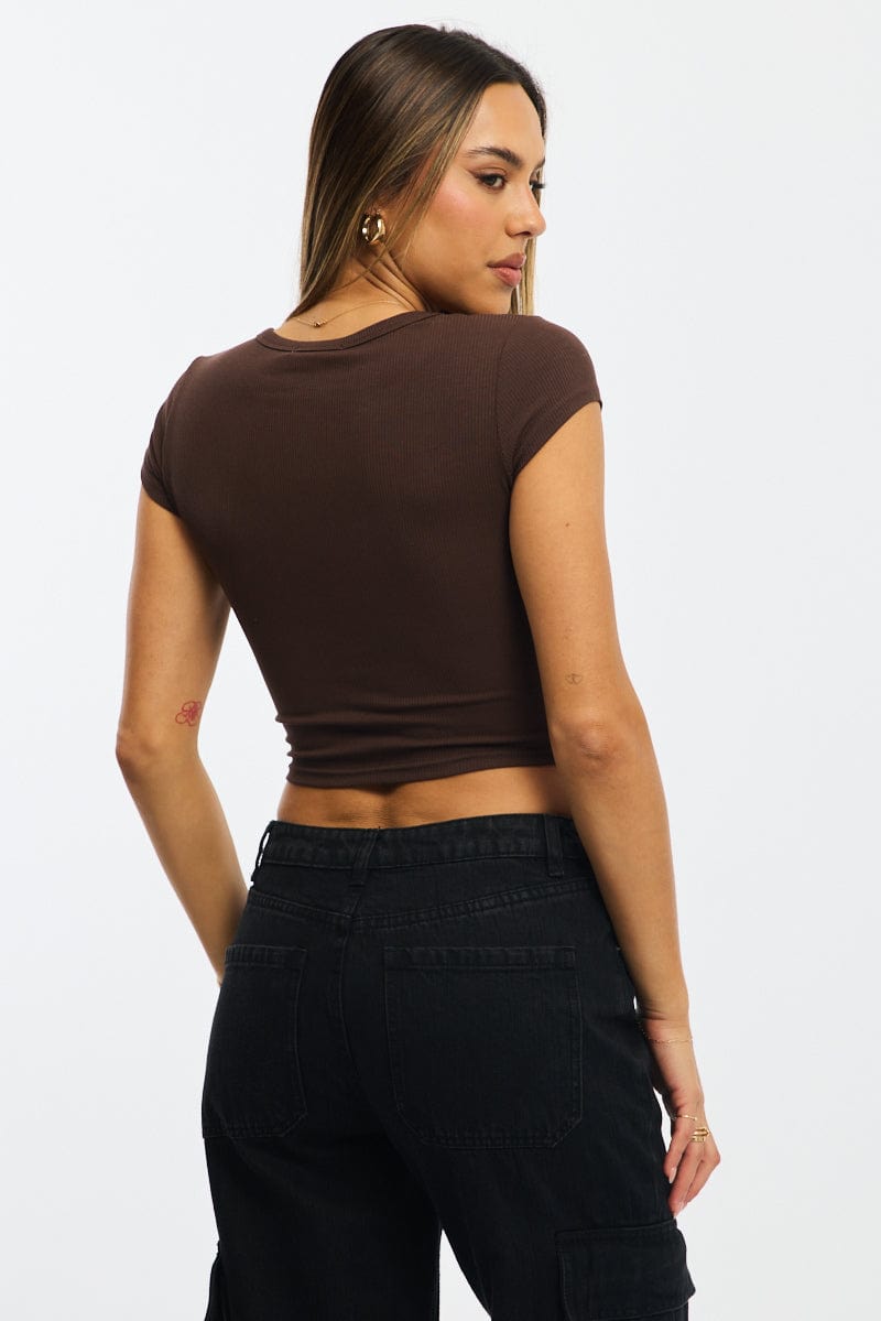 Brown T-shirt Short Sleeve Henley Neck Rib for Ally Fashion