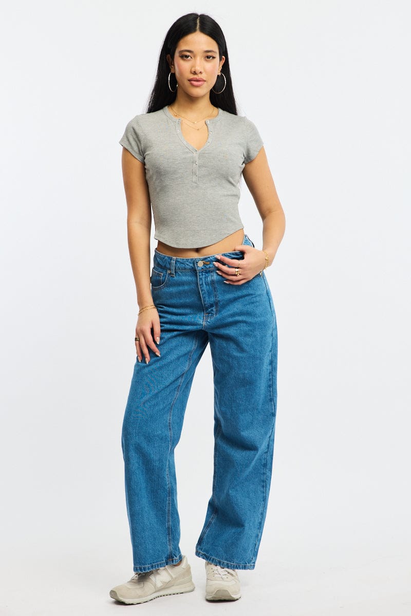 Grey T-shirt Short Sleeve Henley Neck Rib for Ally Fashion