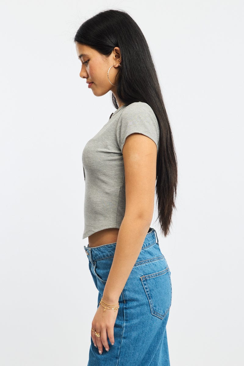 Grey T-shirt Short Sleeve Henley Neck Rib | Ally Fashion