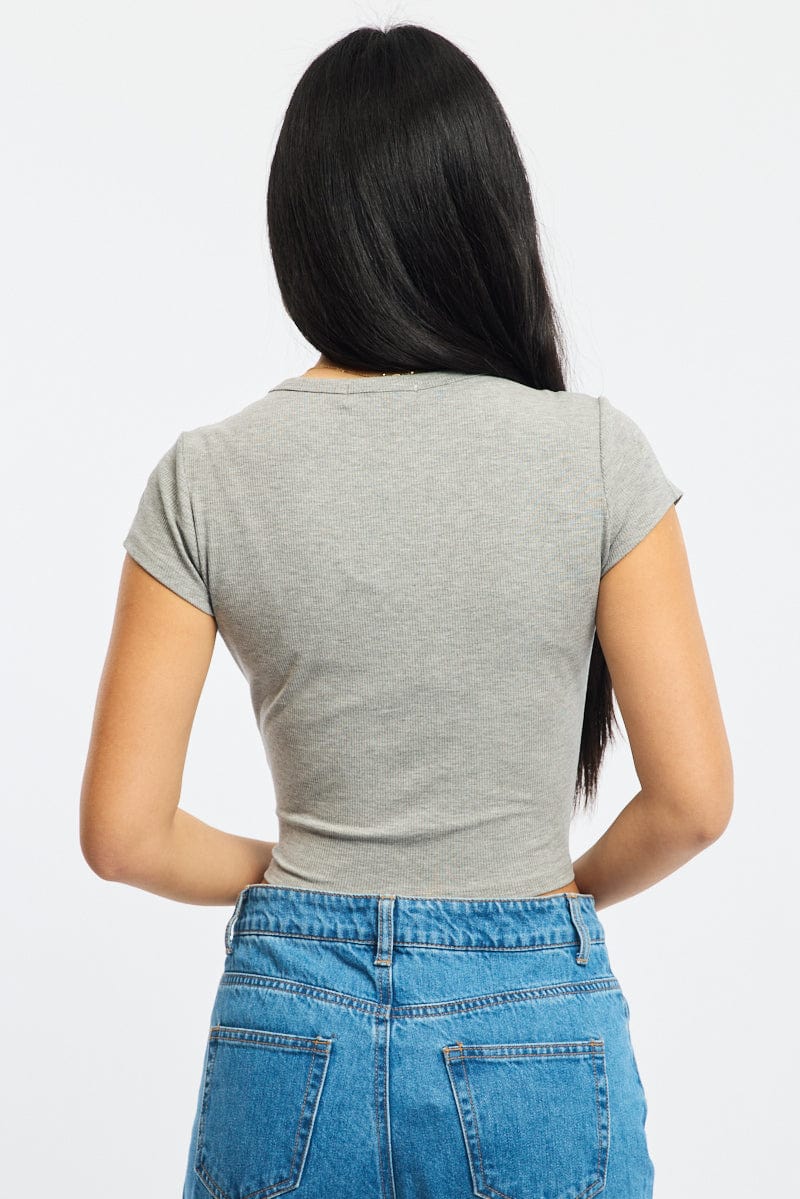 Grey T-shirt Short Sleeve Henley Neck Rib for Ally Fashion