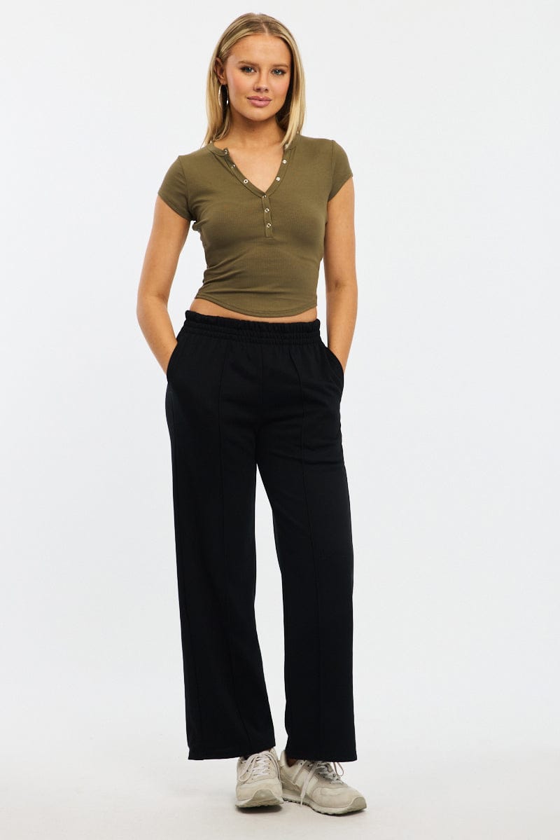 Green T-shirt Short Sleeve Henley Neck Rib for Ally Fashion
