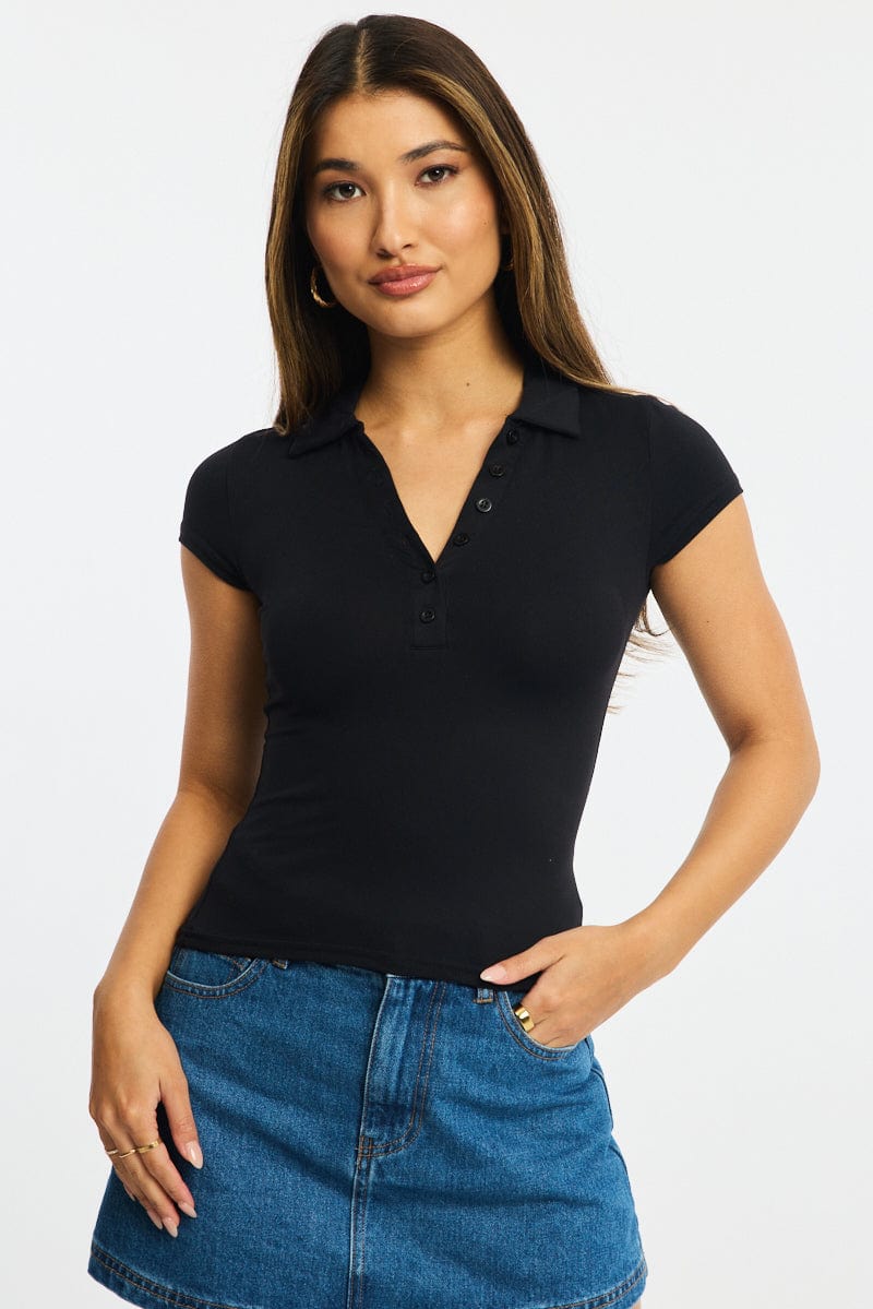 Black Collar T-shirt Short Sleeve for Ally Fashion
