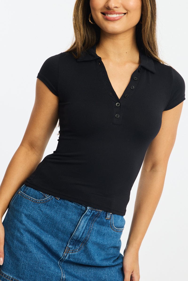 Black Collar T-shirt Short Sleeve for Ally Fashion