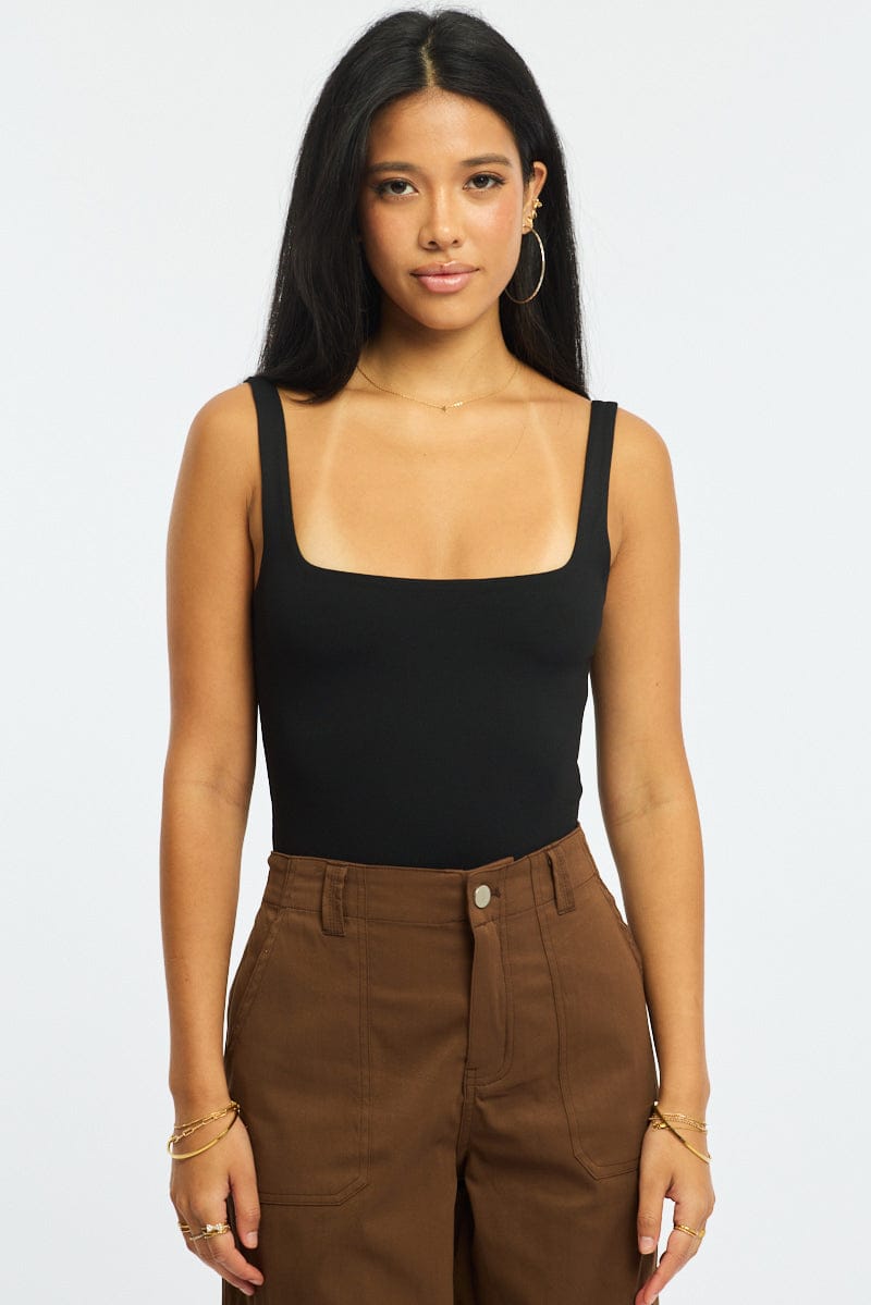 Black Supersoft Bodysuit Square Neck Sleeveless for Ally Fashion