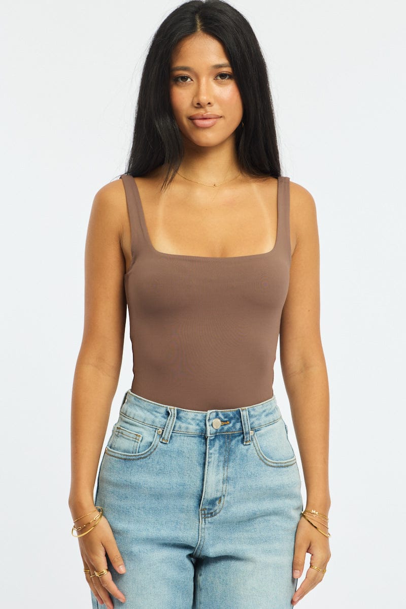 Brown Supersoft Bodysuit Square Neck Sleeveless for Ally Fashion