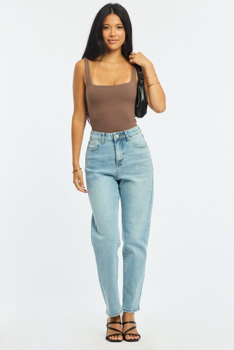 Brown Supersoft Bodysuit Square Neck Sleeveless for Ally Fashion