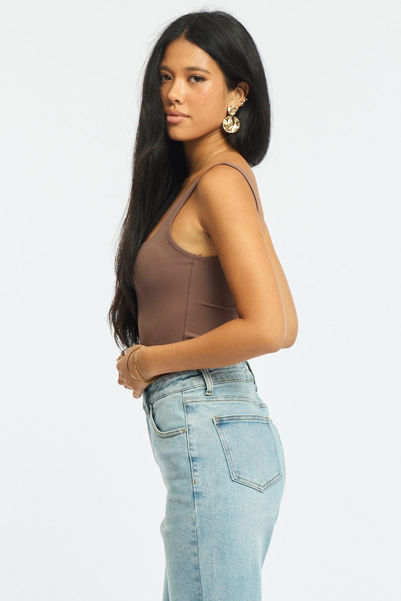 Brown Supersoft Bodysuit Square Neck Sleeveless for Ally Fashion