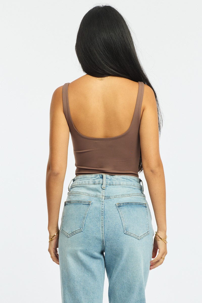 Brown Supersoft Bodysuit Square Neck Sleeveless for Ally Fashion