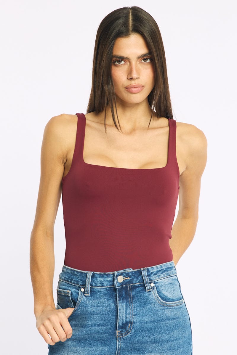 Red Supersoft Bodysuit Square Neck Sleeveless for Ally Fashion