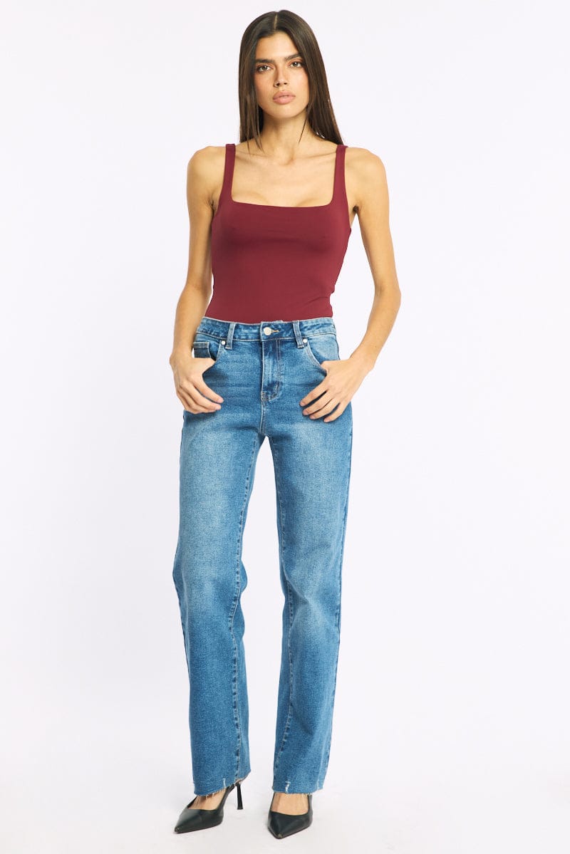 Red Supersoft Bodysuit Square Neck Sleeveless for Ally Fashion