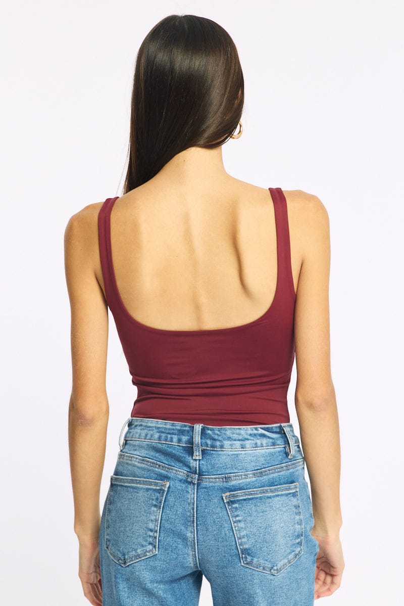Red Supersoft Bodysuit Square Neck Sleeveless for Ally Fashion