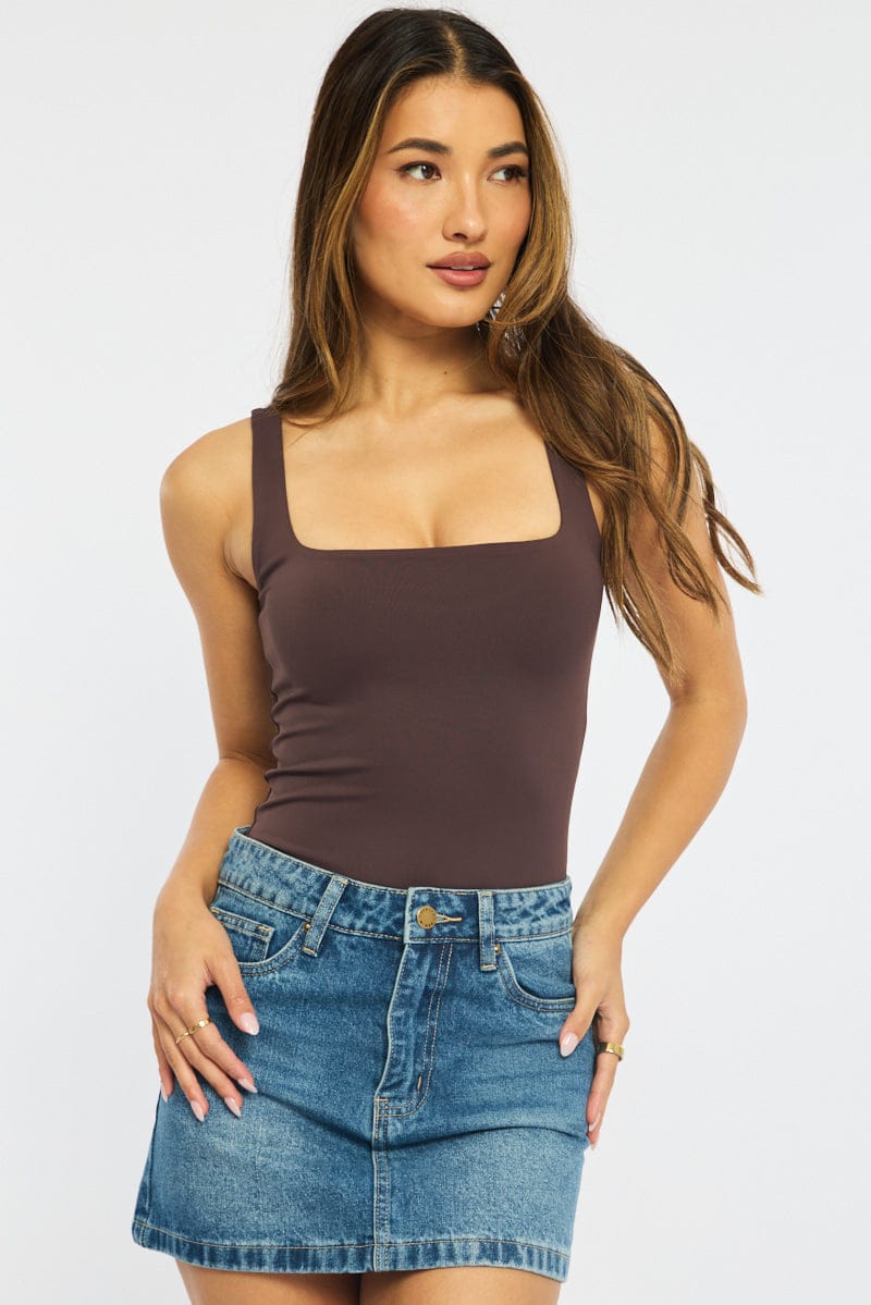 Brown Supersoft Bodysuit Square Neck Sleeveless for Ally Fashion