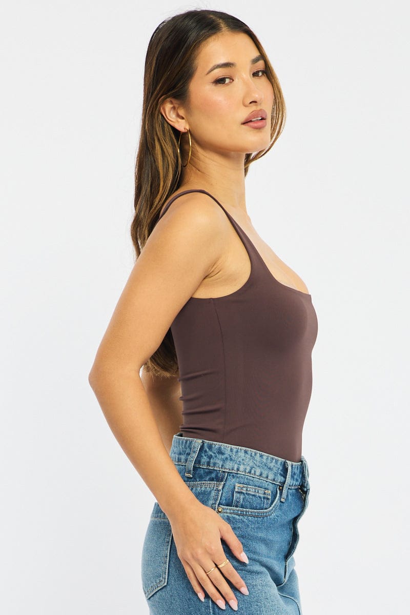 Brown Supersoft Bodysuit Square Neck Sleeveless for Ally Fashion