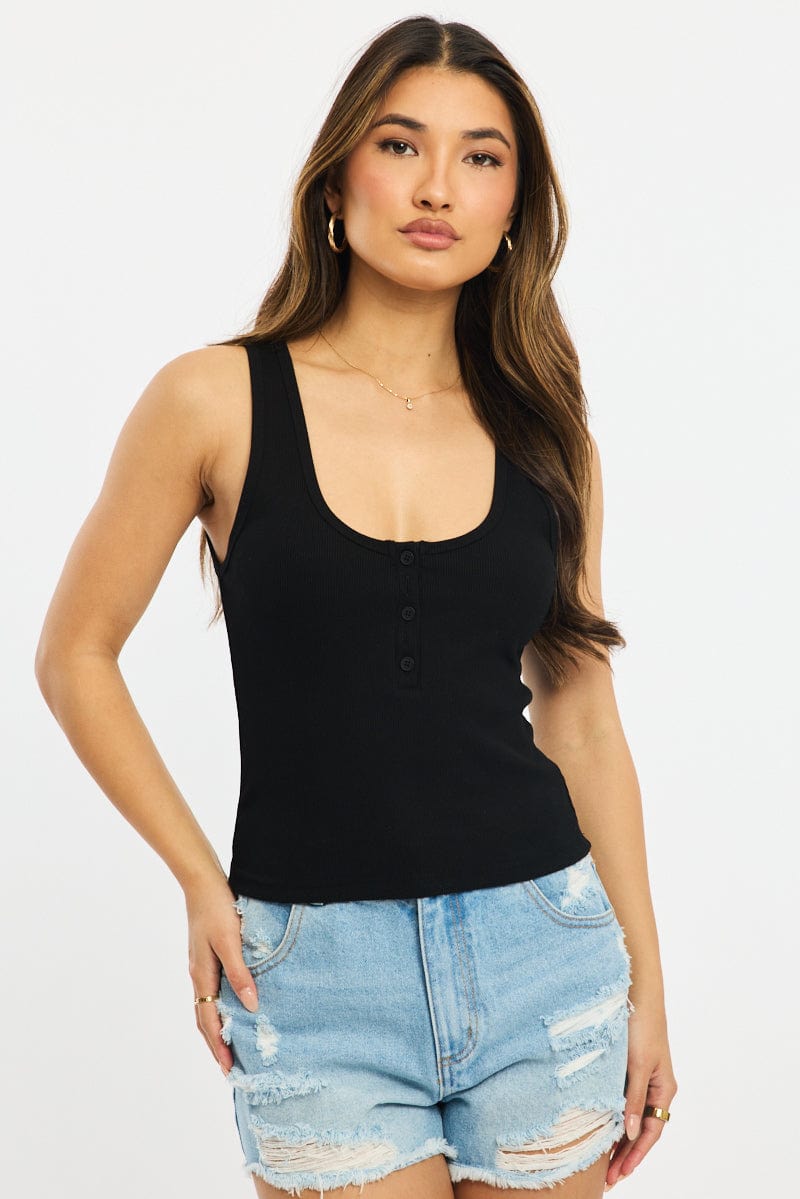 Black Henley Tank Top Sleeveless for Ally Fashion