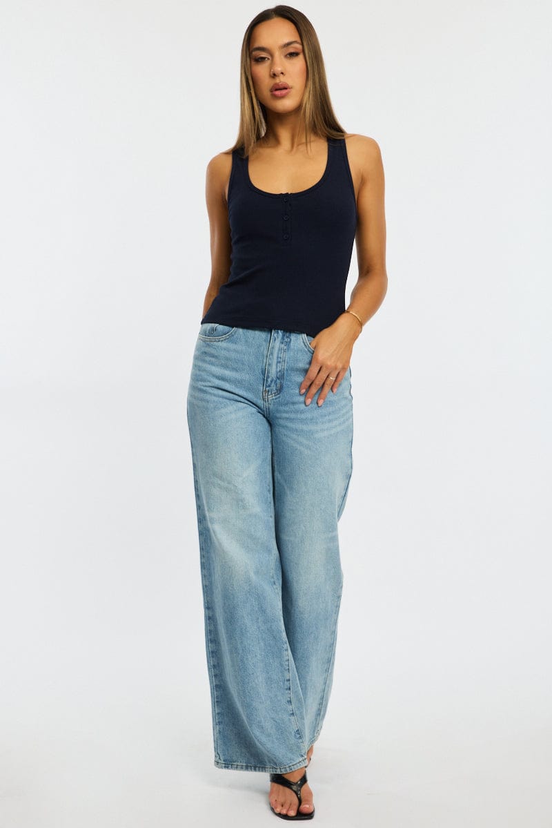 Blue Henley Tank Top Sleeveless for Ally Fashion