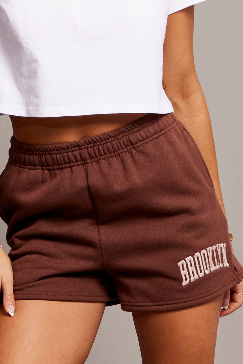 Brown Track Shorts High Rise Elastic Waist for Ally Fashion