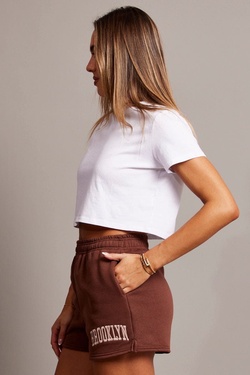 Brown Track Shorts High Rise Elastic Waist for Ally Fashion