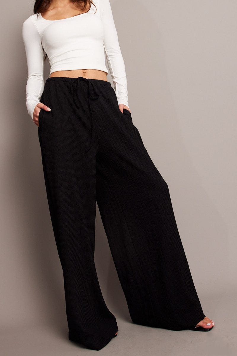 Black Wide Leg Pants High Rise Textured Fabric for Ally Fashion