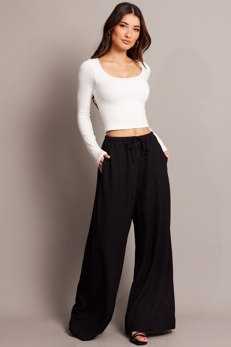 Black Wide Leg Pants High Rise Textured Fabric for Ally Fashion