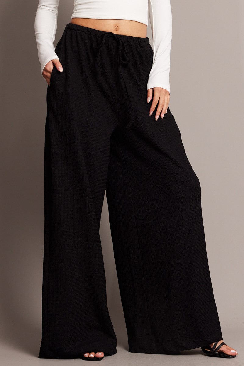 Black Wide Leg Pants High Rise Textured Fabric for Ally Fashion
