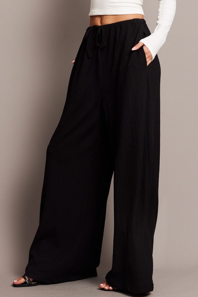 Black Wide Leg Pants High Rise Textured Fabric for Ally Fashion