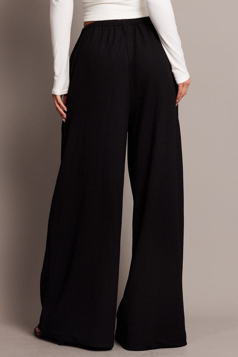 Black Wide Leg Pants High Rise Textured Fabric for Ally Fashion