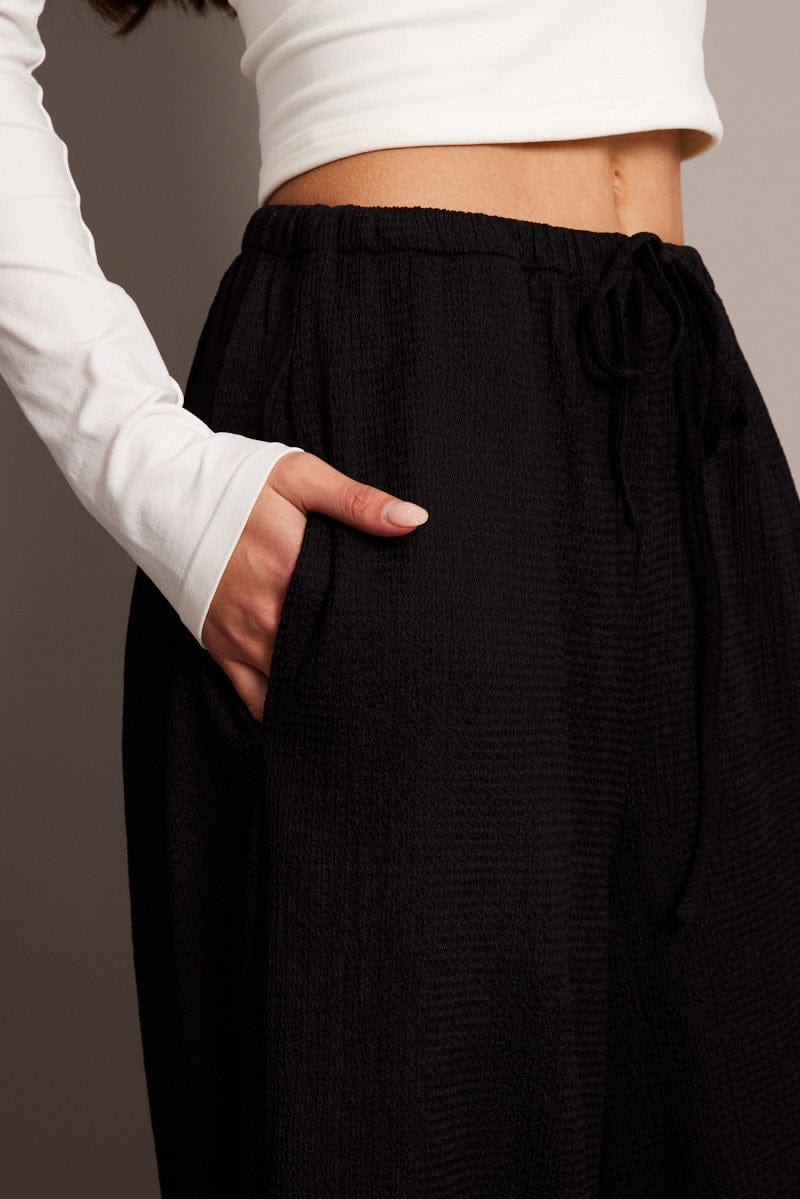 Black Wide Leg Pants High Rise Textured Fabric for Ally Fashion