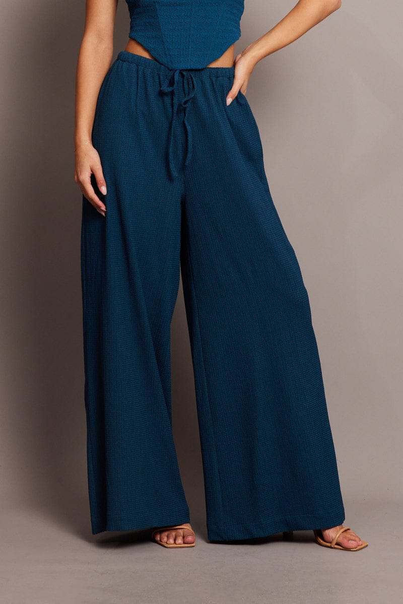 Blue Wide Leg Pants High Rise Textured Fabric for Ally Fashion