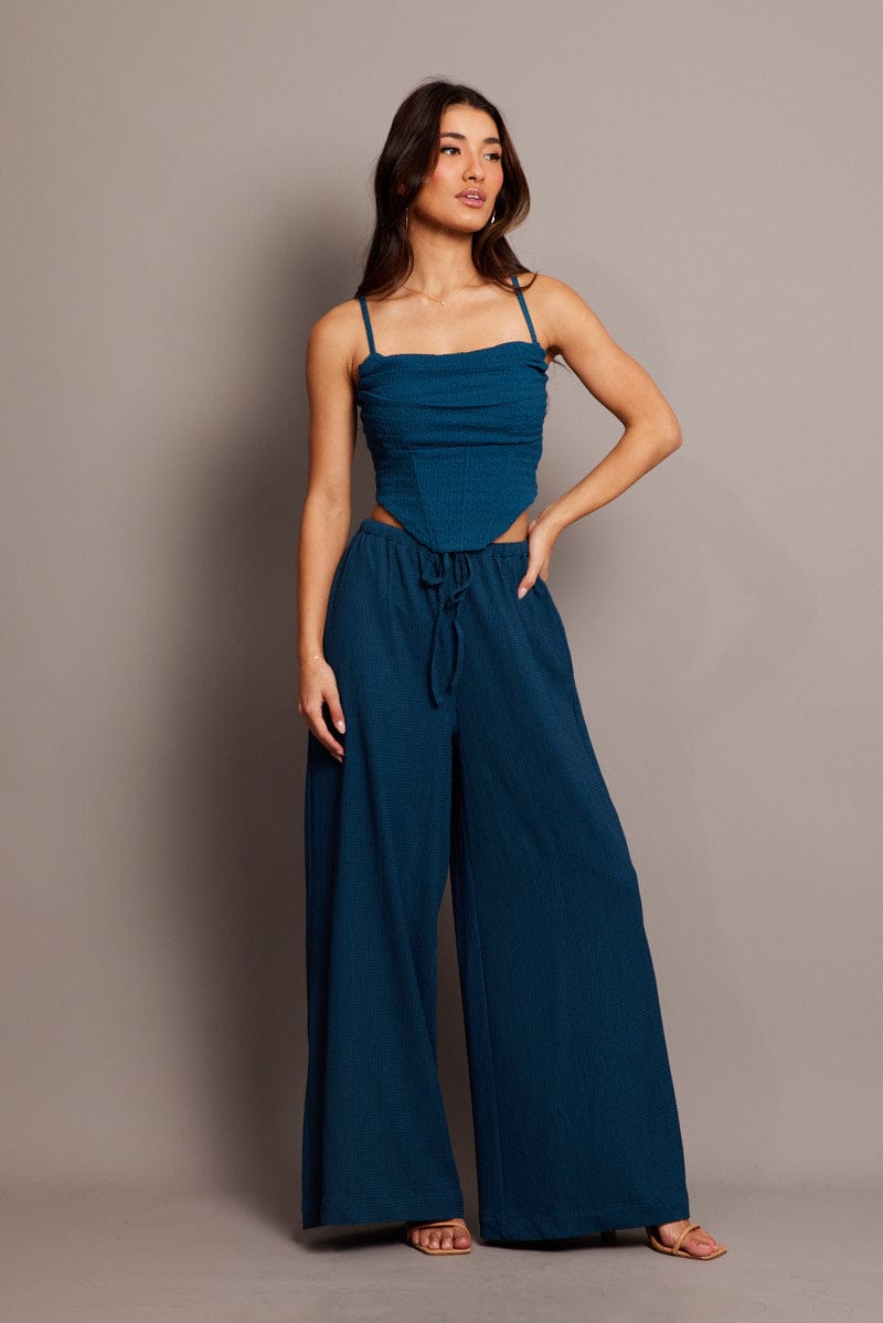 Blue Wide Leg Pants High Rise Textured Fabric for Ally Fashion