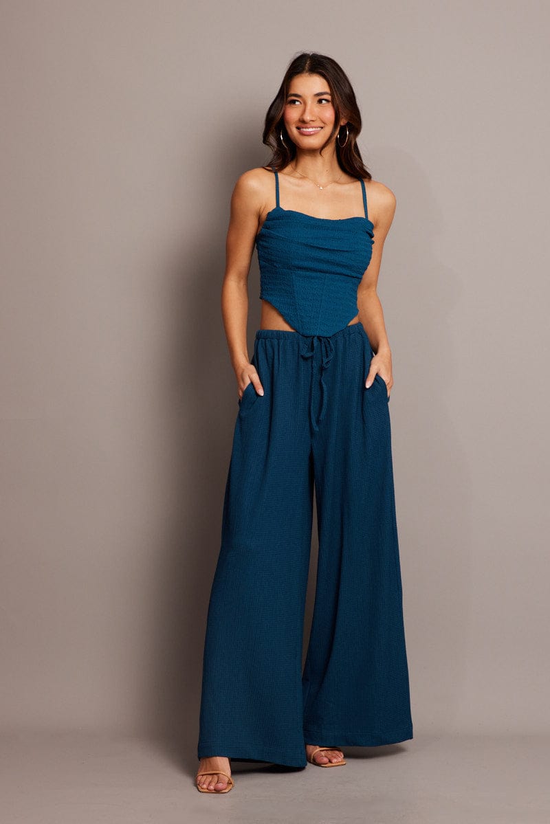 Blue Wide Leg Pants High Rise Textured Fabric for Ally Fashion