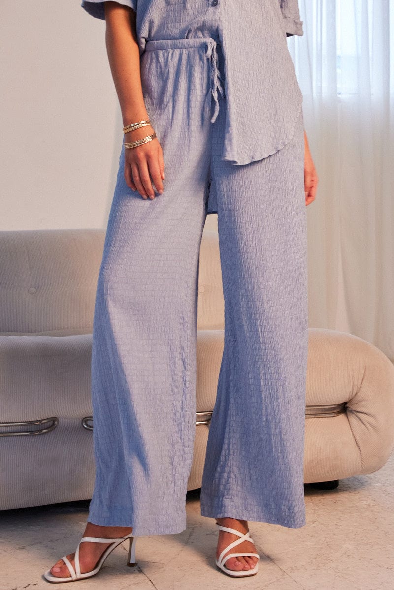 Blue Wide Leg Pants High Rise Textured Fabric for Ally Fashion