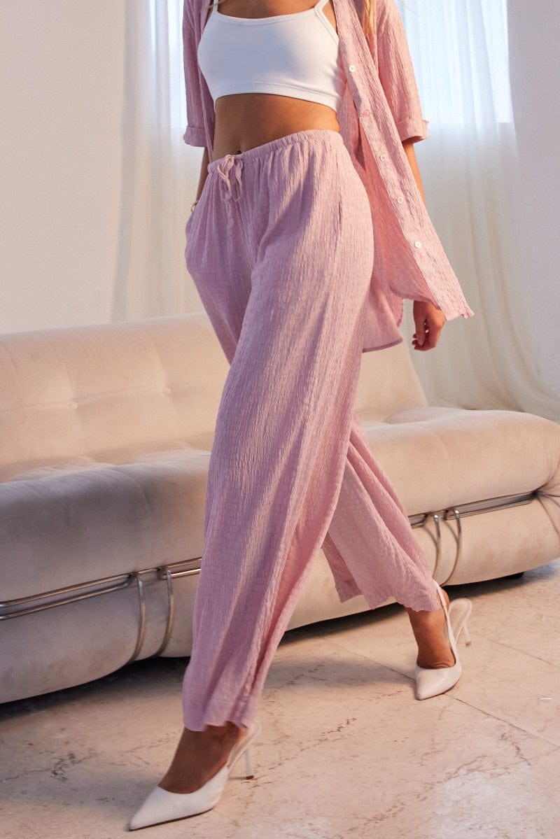 Pink Wide Leg Pants High Rise Textured Fabric for Ally Fashion