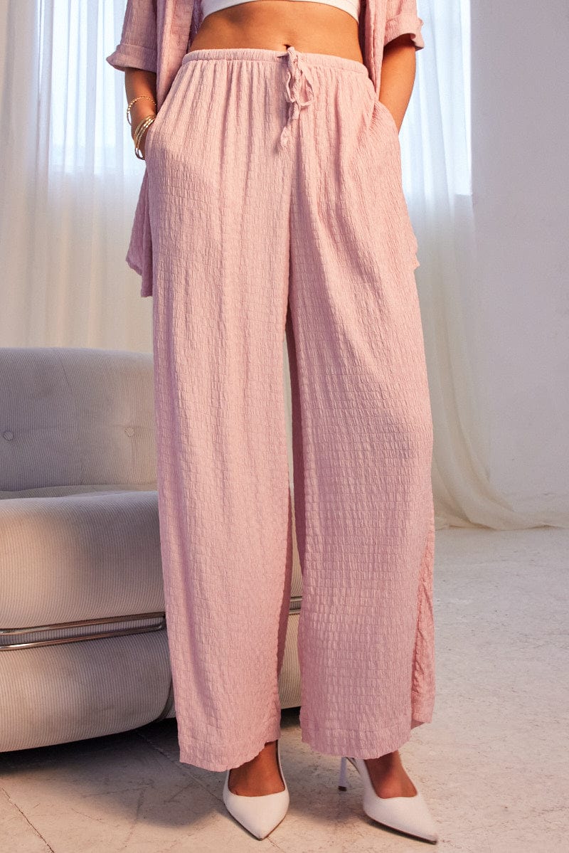 Pink Wide Leg Pants High Rise Textured Fabric for Ally Fashion