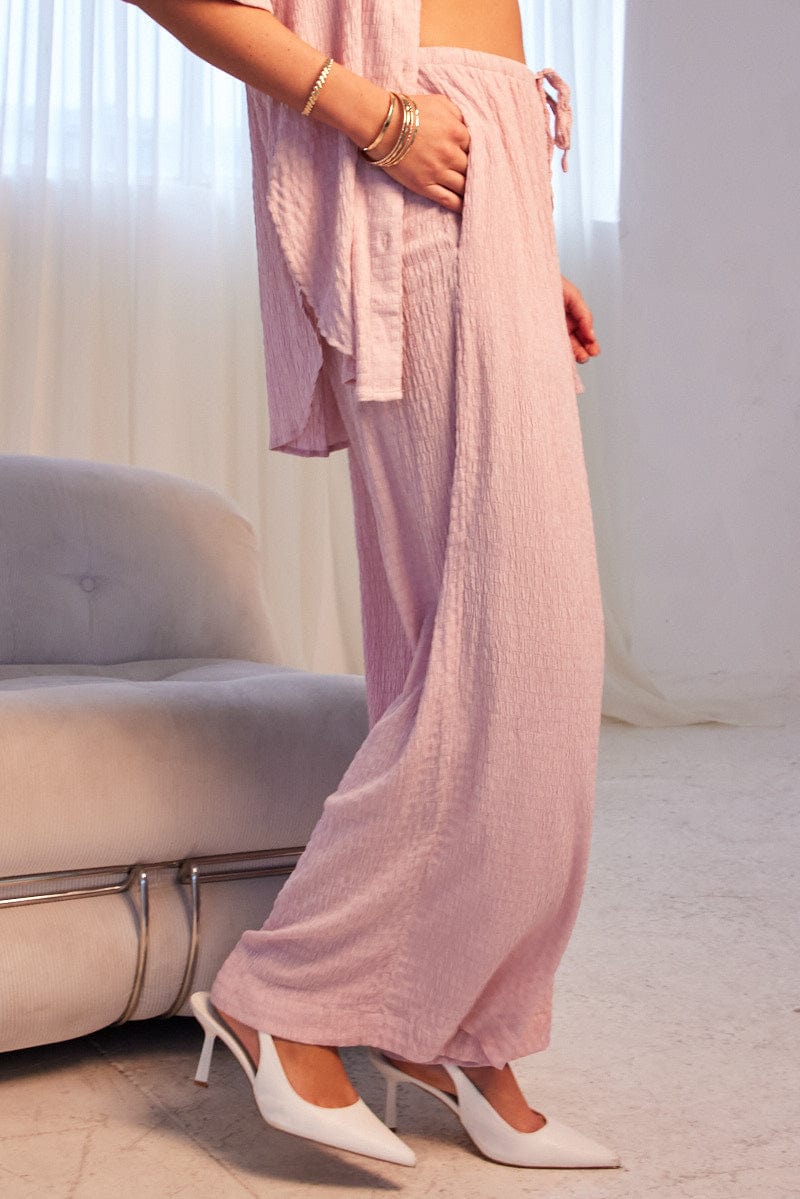 Pink Wide Leg Pants High Rise Textured Fabric for Ally Fashion