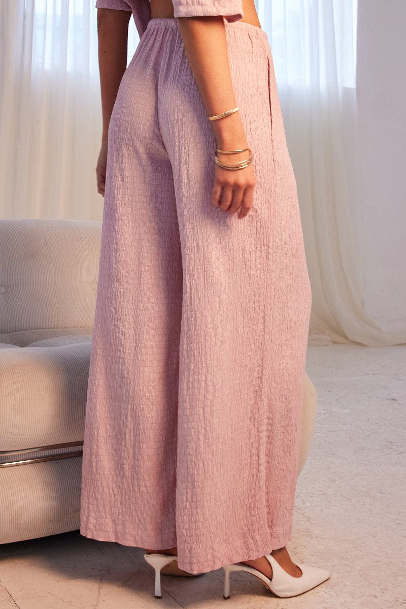 Pink Wide Leg Pants High Rise Textured Fabric for Ally Fashion