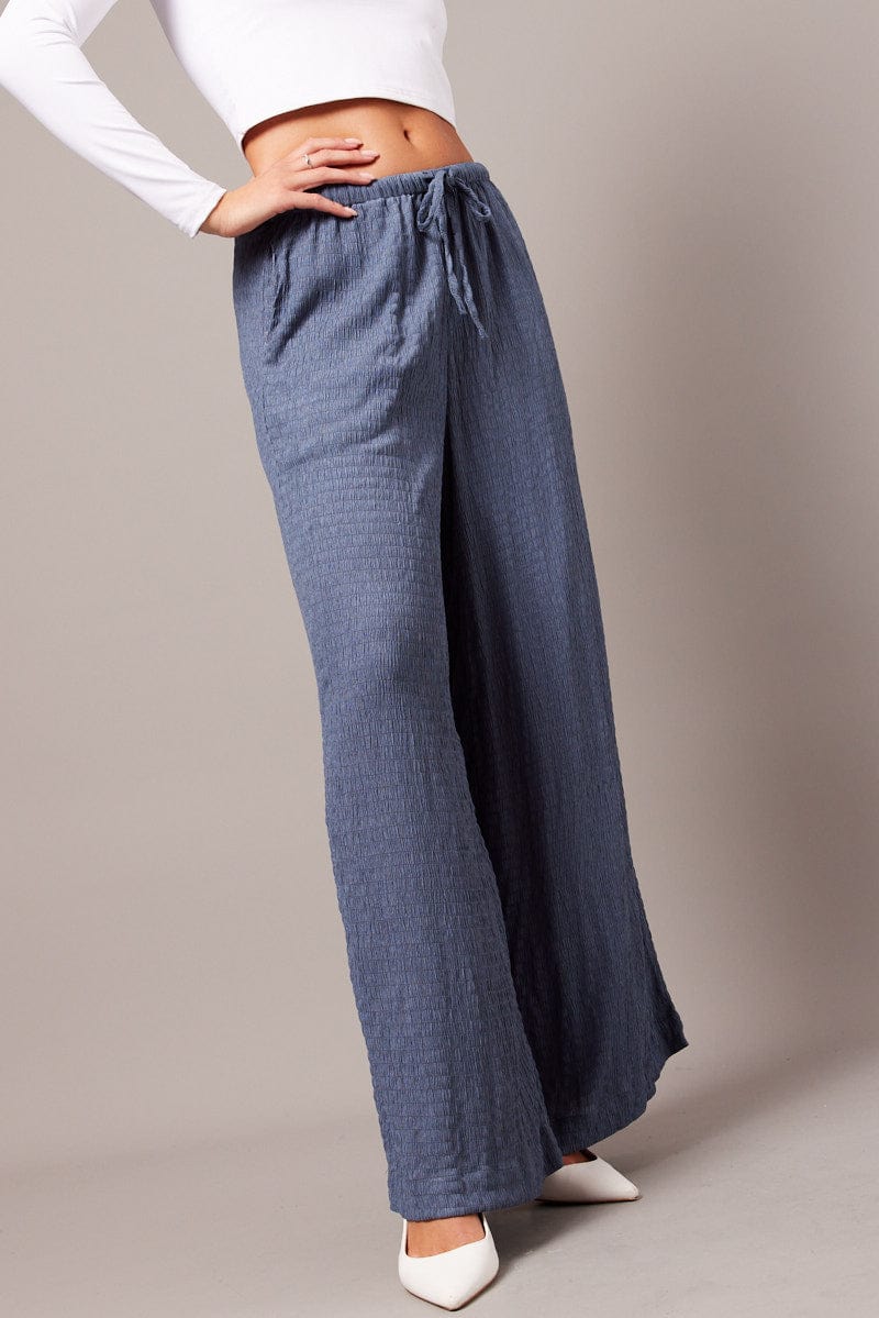 Blue Wide Leg Pants High Rise Textured Fabric for Ally Fashion